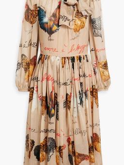 Pussy-bow printed silk-chiffon midi dress