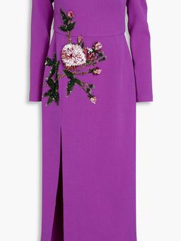 Off-the-shoulder embellished wool-blend crepe midi dress