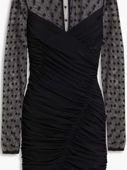 Hilary tulle-paneled ruched polka-dot stretch-jersey mini dress