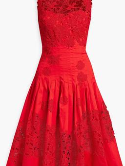 Guipure lace-paneled cotton-blend poplin midi dress