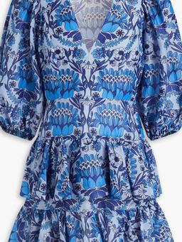 Tiered printed linen-blend gauze mini dress