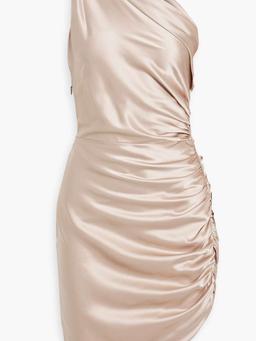 One-shoulder ruched silk-satin mini dress