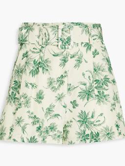 Belted floral-print linen-blend shorts