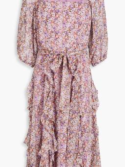 Ruffled floral-print chiffon midi dress