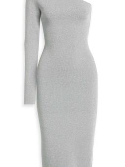 One-sleeve metallic stretch-knit midi dress