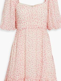 Ruched floral-print chiffon mini dress