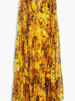 Cape-effect pleated floral-print chiffon gown