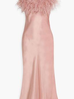 Boheme feather-trimmed satin midi slip dress