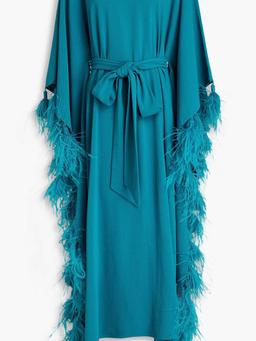 Palma belted feather-trimmed crepe kaftan