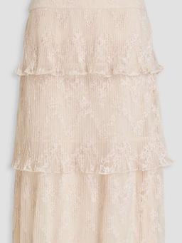 Tiered pleated lace midi skirt