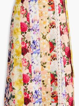 Floral-print linen midi skirt