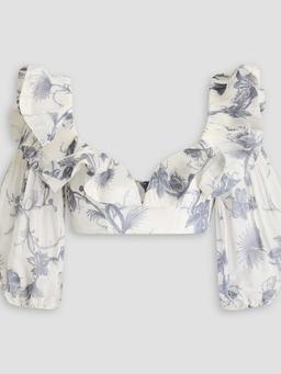 Cropped ruffled floral-print plissé-organza top