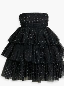 Strapless tiered crystal-embellished tulle mini dress