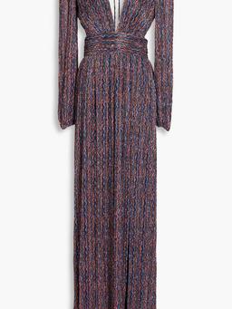 Claude metallic printed plissé-jersey gown
