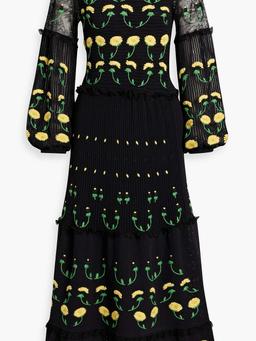 Embroidered lace-paneled crocheted cotton-blend maxi dress