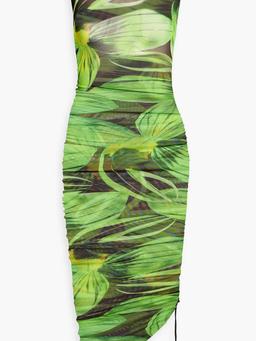 Asymmetric printed stretch-mesh dress