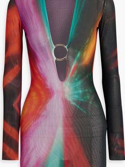 Ring-embellished printed stretch-mesh mini dress