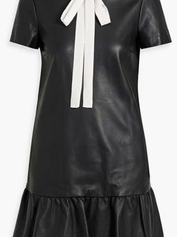 Pussy-bow crepe de chine-trimmed leather mini dress