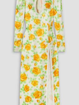 Cutout cord-trimmed floral-print duchesse silk-satin midi dress