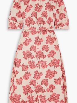 Tokyo belted cutout floral-print moire midi shirt dress