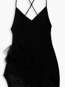 Asymmetric tulle-trimmed wool-crepe mini dress