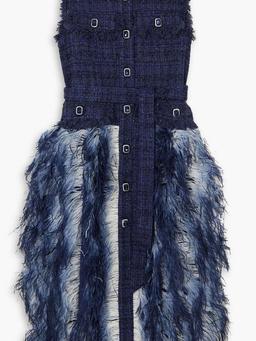Wyatt crystal-embellished feather-trimmed belted metallic tweed midi dress