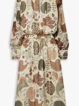 Pleated embroidered printed silk-blend chiffon midi dress