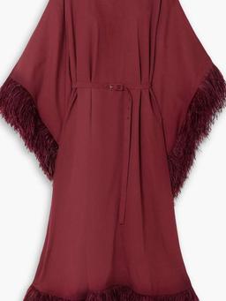 Calista belted feather-trimmed crepe kaftan