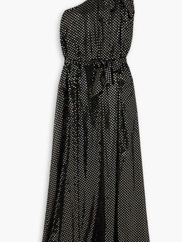 One-shoulder bow-detailed metallic polka-dot chiffon gown