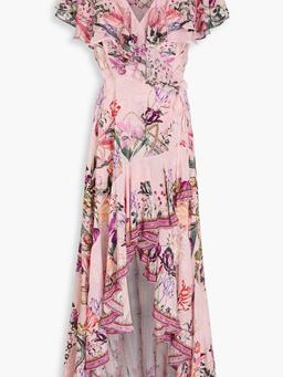 Ruffled bead-embellished floral-print silk crepe de chine maxi wrap dress