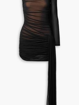 One-sleeve draped ruched jersey mini dress