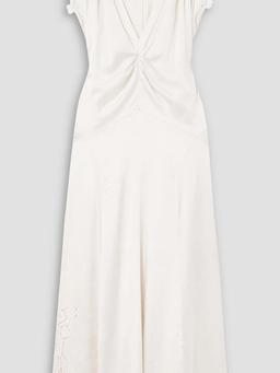 Jordina gathered guipure lace-trimmed silk-blend satin midi dress