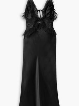 Cutout tulle and lace-trimmed silk-satin midi dress