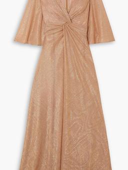 Cape-effect twist-front sequin-embellished metallic voile gown