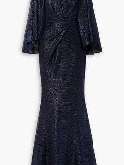 Wrap-effect metallic voile gown