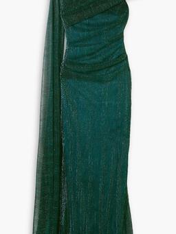Asymmetric cape-effect stretch-lamé gown