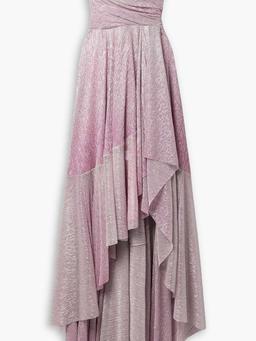 Off-the-shoulder asymmetric metallic voile gown