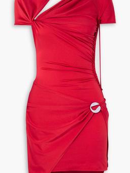 Asymmetric embellished draped stretch-jersey mini dress