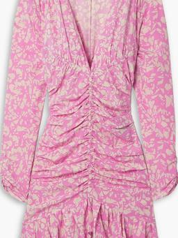 Lara ruched printed stretch-silk mini dress