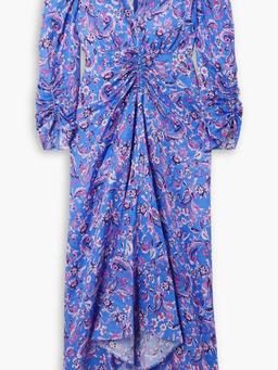Ruched printed satin-jacquard midi dress