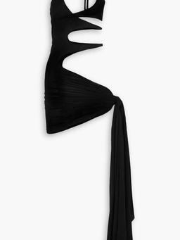 Asymmetric cutout draped stretch-tulle mini dress