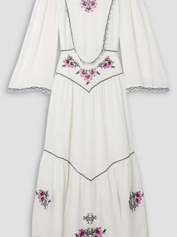 Sonia asymmetric pleated embroidered crepe de chine midi dress