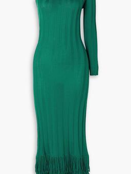 One-shoulder fringed ribbed silk maxi dress