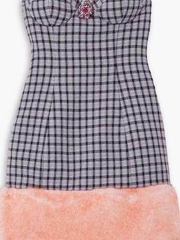 Strapless embellished faux fur-trimmed houndstooth wool-blend mini dress