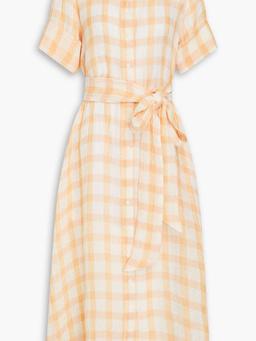 Belted checked linen-blend gauze midi shirt dress