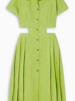 Cutout pleated linen-gauze midi shirt dress