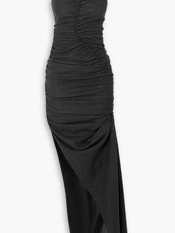 Asymmetric cutout ruched crepe midi dress
