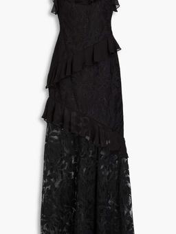 Cold-shoulder ruffled embroidered tulle gown