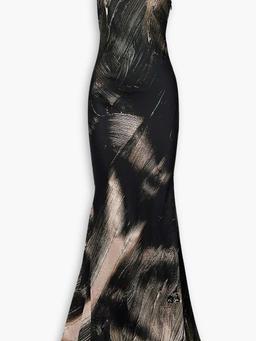 One-shoulder printed stretch-silk maxi dress