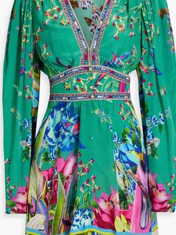 Crystal-embellished printed silk crepe de chine mini dress